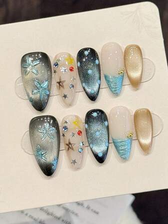 10片装高端欧美风猫眼美甲贴纸，秋冬棕色手工美甲贴，蓝色猫眼杏仁甲贴，手绘蓝色小花按压式美甲贴