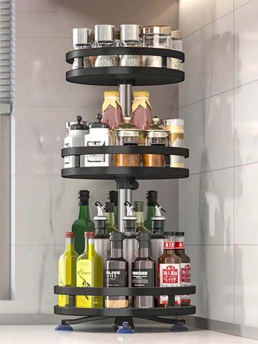 1个不锈钢旋转厨房调料架，多功能浴室台面化妆品收纳架 - 黑色 - 查看 1