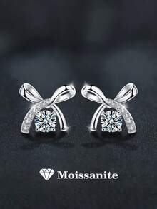 2pcs Minimalist 925 Sterling Silver 0.3Carat X 2 Moissanite Bow Stud Earrings, Suitable For Women's Daily Wear, Party, Vacation, Valentine's Day, Mother's Day, Birthday Jewelry Gift - EH0052M - View 1