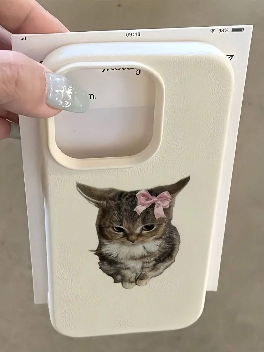 1pc Bow Sad Cat Creative Pattern Matte Textured Full Body Shockproof TPU Phone Case Compatible With IPhone 17 16 15 14 13 12 11 Pro Max, A55/54/53/52/51, S25/24/23/22/21 Series - Multicolor - View 1