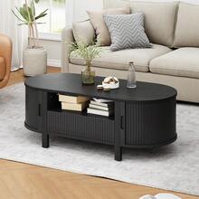 ONBRILL Black Oval Coffee Table, 47 Inch Fluted Coffee Tables With Cabinets & Sliding Doors, Mid-Century Modern Living Room Tables, Center Table With Storage And Wood Handle For Living Room, Home Small Space - Black - View 6