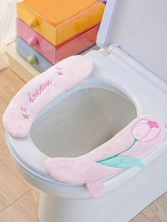 2 piezas Cubierta de asiento de inodoro de felpa con diseño de tulipán y asas desmontables