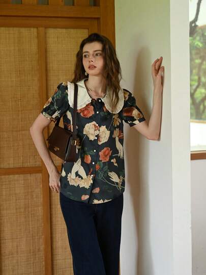 Simple Retro Camisa de mujer con cuello Peter Pan estampada en verde