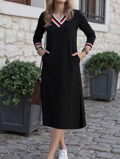 Nouvelle robe décontractée à la mode pour femmes, style minimaliste, col V, manches longues, ourlet fendu, convient pour le printemps et l'automne