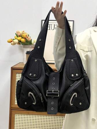2025 New Sweet Cool Hot Girl Style Black Motorcycle Bag Niche Design High-End Underarm Bag Women's Cool Crossbody Bag Versatile