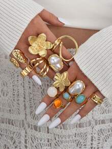 6/13 قطعة مجموعة خواتم مصنوعة من عملات معدنية عتيقة مبالغ بها، أزهار ضخمة، لؤلؤ مزيف، أحجار كريمة ملونة مزيفة، أشكال هندسية غير متماثلة، مناسبة للاستخدام اليومي والحفلات والعطلات والأعياد كهدية للنساء