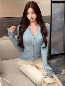 蕾丝V领金属纽扣开衫，时尚优雅的针织上衣，可外穿也可单穿，时尚初秋外套 - 霧霾藍 - 查看 4