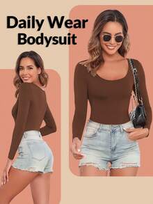 Damen braunes nahtloses langärmeliges Formwäsche-Bodysuit, Bauchkontrolle und Po-Lifting