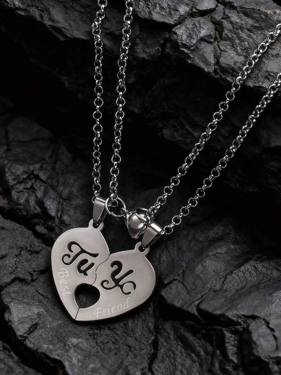 2pcs Fashionable Hollow Heart & Letter Stainless Steel Pendant Necklace, Adjustable Clasp, Suitable For Couples Everyday Wear, Valentine's Day Gift For Boyfriend/Girlfriend - Silver - View 1