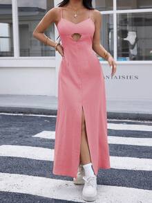 REF:AS1826 - Long Dress With Thin Straps And Front Slit: Elegance And Sensuality In The Same Look - 粉色 - 查看 4