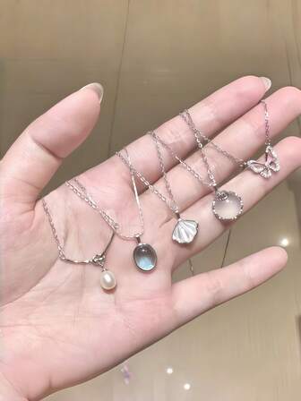 Set de 5 collares elegantes con jade blanco y piedra lunar, collar gargantilla minimalista y versátil de lujo