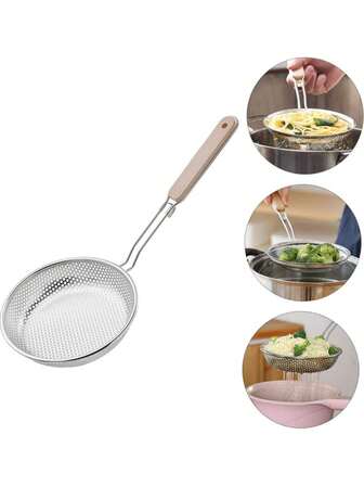 Escumadeira Coador de Aço Inoxidável Micro-Perfurado, Cesta de Rede para Massa e Macarrão com Alça de Madeira, Concha Coadora Escumadeira de Arame para Cozinhar e Fritar