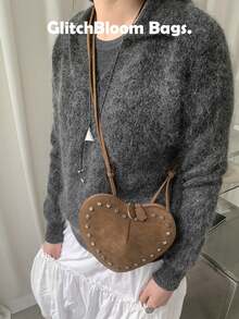 Commuting Fashionable Versatile Rivet Heart Faux Suede Retro Eye-Catching Rivet Design Faux Suede Heart Shoulder Crossbody Bag, Women Street Fashion Handbag - Brown - View 4