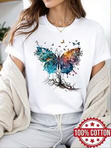 1pc 100% Cotton Women's Butterfly Tree Colorful Art 2D Print Round Neck Short Sleeve TShirt for All Seasons - Blanco - Ver 1