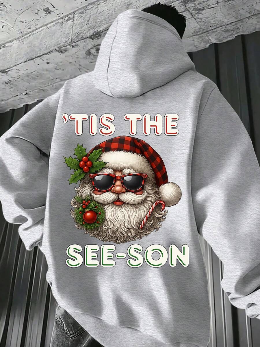 1pc Plus Size Santa Claus Print Thermal Lined Hoodie, Casual Wear For Christmas & Autumn/Winter