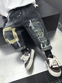 Young Boy Graffiti Distressed Patch Relaxed Fit Jeans, Fall - Blue - View 8