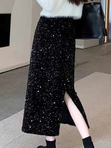 A Fitted Midi Skirt With Sequins And Lining. - Black - View 2