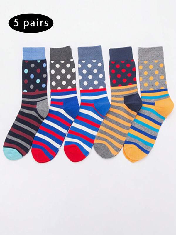 5 Pares de Meias Listradas e com Bolinhas na Altura do Tornozelo, Novas Meias Alegres de Outono/Inverno, Meias com Bolinhas na Altura do Tornozelo, Meias Casuais para Casais