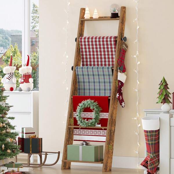 HaluPeit Blanket Ladder For Living Room, Decorative Quilt Rack With 4 Removable Hooks, 6-Tier/5-Tier Blanket Ladder Shelf For Bedroom,Rustic Brown