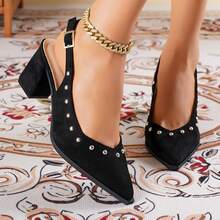 New Vintage Pointed Toe Rivet Decor Chunky Heel Sandals, Strap Versatile Slip-On Flats For Office Wear - Black - View 9