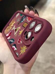 1pc Retro Funda de Teléfono Acolchada con Rhinestone y Granate Integrada Anti-Caída Compatible con Apple 16, 15, 14, 13, 12, 11 Pro Max y SeriesCarcasa de teléfono artística - vino tinto - Ver 4
