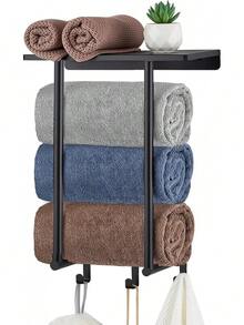 TXG Estante de Toalla - Toallero para Baño, Toallero con Estante de Metal y 3 Ganchos, La Pared de Almacenamiento de Toallas Puede Contener hasta 3 Toallas Enrolladas de Tamaño Grande(16x12''), Negro