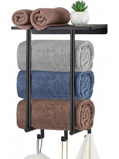 TXG Estante de Toalla - Toallero para Baño, Toallero con Estante de Metal y 3 Ganchos, La Pared de Almacenamiento de Toallas Puede Contener hasta 3 Toallas Enrolladas de Tamaño Grande(16x12''), Negro