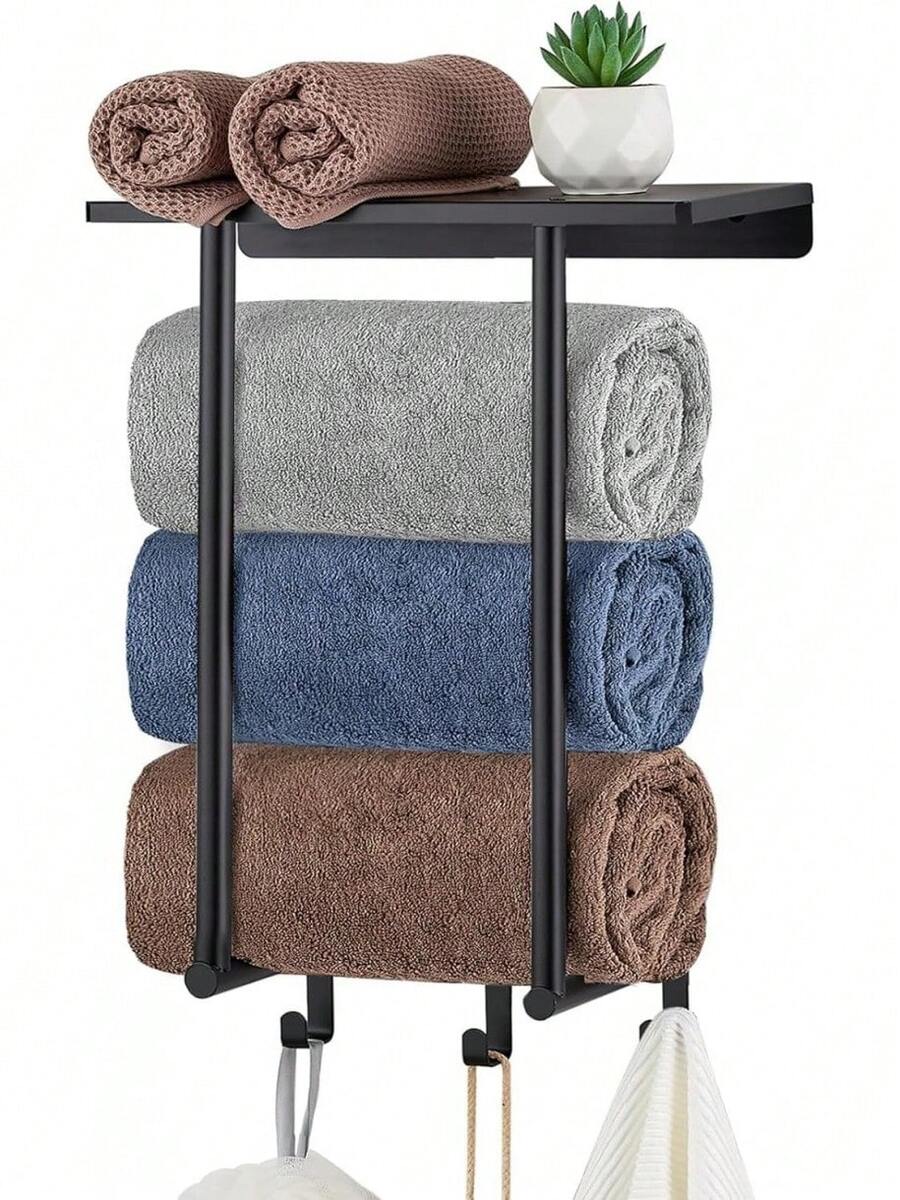 TXG Estante de Toalla - Toallero para Baño, Toallero con Estante de Metal y 3 Ganchos, La Pared de Almacenamiento de Toallas Puede Contener hasta 3 Toallas Enrolladas de Tamaño Grande(16x12''), Negro