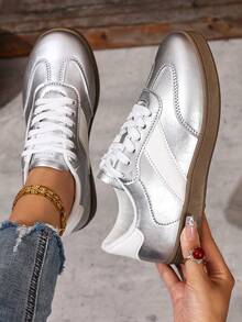 女士休闲平底运动鞋，秋季新款，百搭舒适运动鞋 - 銀色 - 查看 3