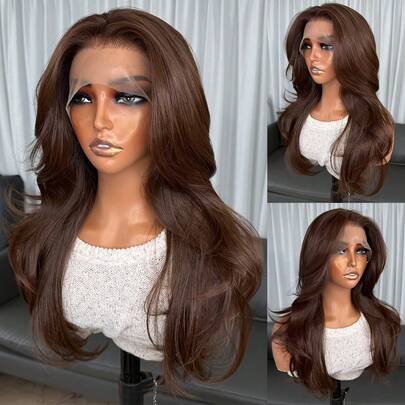 Kanekalon Futura棕色13x4合成蕾丝前假发，20英寸长波浪卷，无需胶水，Kanekalon材质，耐热合成纤维，自由分缝，150%密度，适合女性日常、派对、度假、节日等场合，自然逼真，即戴即用，高清无胶蕾丝合成假发，耐热纤维，时尚女性日常、派对、节日等场合，适合初学者。