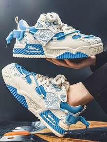 Zapatillas deportivas informales de moda para hombre,tenis para hombre,Suela gruesa antideslizante,transpirables y ligeros,Diseño exclusivo con graffiti urbano y acabados modernos,Perfectos para calle, trabajo y deporte, Colección limitada con detalles de malla y patrón colorido - Azul y blanco - Ver 7