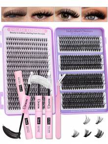 640pcs/Set D-Curl DIY Eyelash Extension Kit, Individual Lash Clusters, Eyelash Glue, Sealing Glue, And Eyelash Extension Tweezers, Convenient For At-Home Lash Grafting - Black - View 1