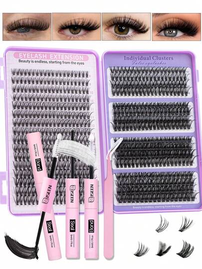 640件/套 D型卷翘DIY睫毛嫁接套装，包含单根睫毛、睫毛胶、封层胶和睫毛嫁接镊子，方便在家进行睫毛嫁接。