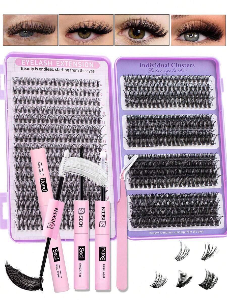 640pcs/Set D-Curl DIY Eyelash Extension Kit, Individual Lash Clusters, Eyelash Glue, Sealing Glue, And Eyelash Extension Tweezers, Convenient For At-Home Lash Grafting - Black - View 1