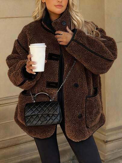 Plusstorlek Trendig polotröja med nallebjörn, med kontrasterande detaljer och fickor, raglanärmar, vävt tyg, normal längd, fuskpälsjacka för kvinnor, kofta för nyår