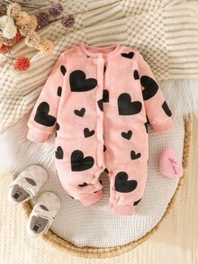 Newborn Baby Girl Clothes, Long Sleeve Fleece Heart Print Warm Jumpsuit, Autumn/Winter - Baby Pink - View 1