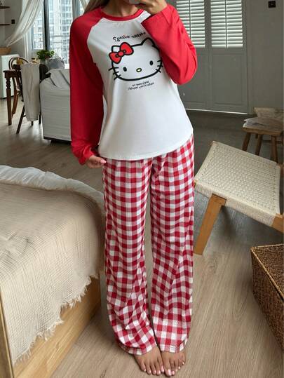 Sanrio 2pcs Women's Hello Kitty Print Loose Long Sleeve Top + Elastic Waist Pants Pajama Sleepwear Set