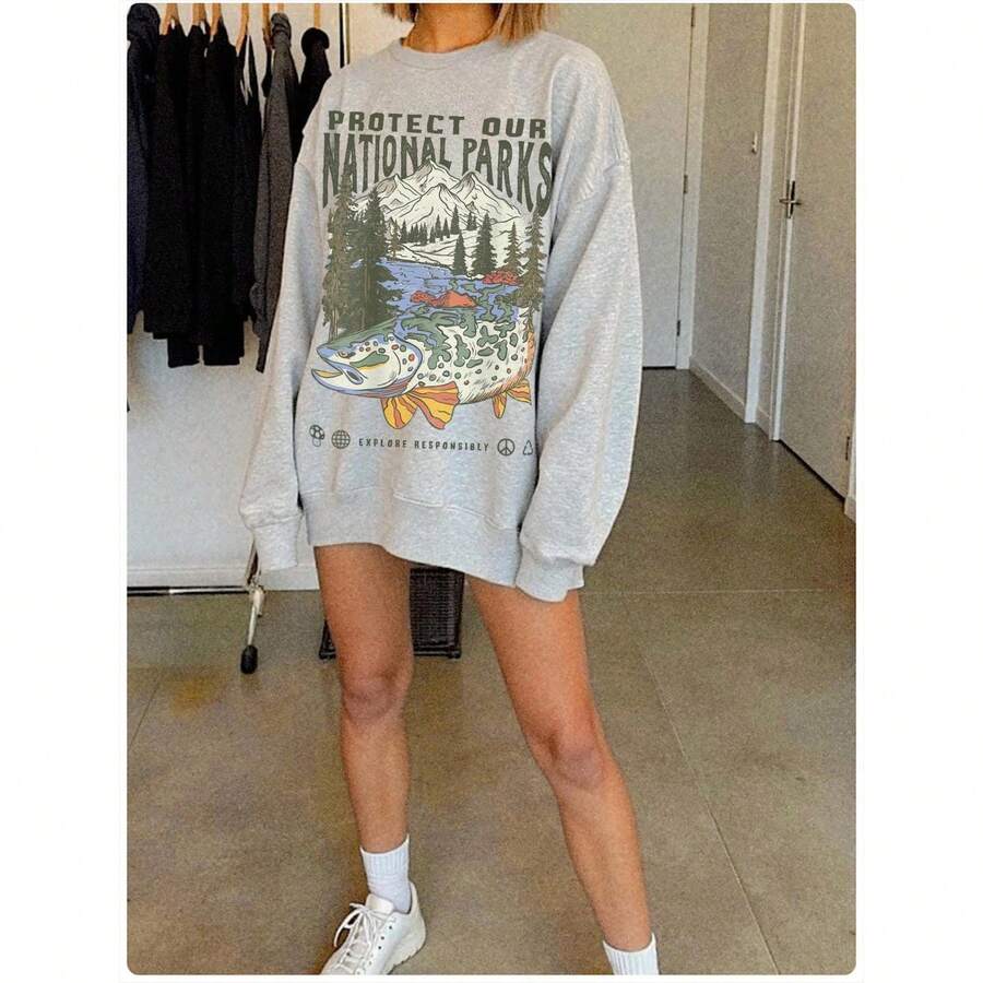 90s National Parks Unisex Sweatshirt Granola Girl Shirt Respect The Local Wildlife Pullover Hiking Camping Clothes Wanderlust Shirt-2 - 淺灰色 - 查看 1