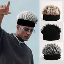 1PC Funny Flair Hair Integrated Beanie, Short Spiky Synthetic Wig Hat For Men, Elastic Knitted Skull Cap For Street Photography  Costume Parties - Black - View 2