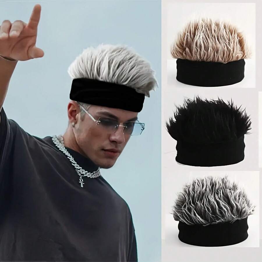 1PC Funny Flair Hair Integrated Beanie, Short Spiky Synthetic Wig Hat For Men, Elastic Knitted Skull Cap For Street Photography  Costume Parties