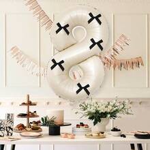 1set 40-Inch White Black Bow-Adorned Number Balloon Decorations, Pink 0-9 Number Aluminum Balloon Decorations, Suitable For Birthdays, Parties, Valentine's Day, Anniversaries, Weddings, Background Room Decorations, Bow-Adorned Numbers, And New Year Decorations. - Milky White and Black - View 7