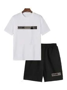 Conjunto de 2 piezas para Hombre con Estampado: Camiseta de Cuello Redondo y Manga Corta y Shorts Cómodos - Blanco - Ver 1