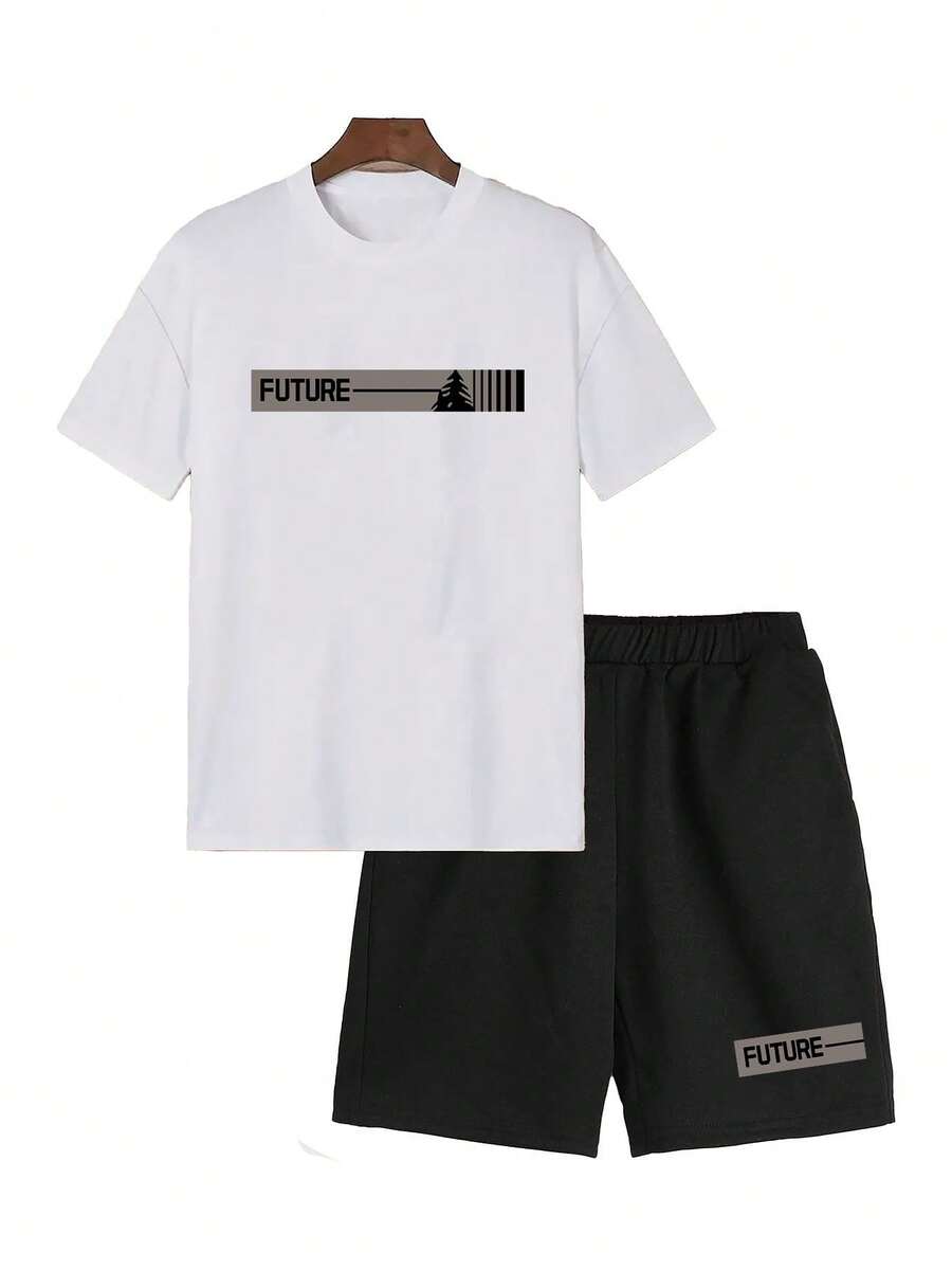 Conjunto de 2 piezas para Hombre con Estampado: Camiseta de Cuello Redondo y Manga Corta y Shorts Cómodos - Blanco - Ver 1
