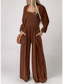 Women's Casual Loose Overalls Jumpsuits One Piece Long Sleeve Wide Leg Long Pant Rompers With Pockets - Hạt dẻ - Xem 2