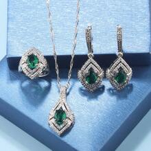 6-Colors Bridal Wedding Fashion Accessory Luxury Quality Colorful Cubic Zirconia Earrings And Necklace Open Ring For Women Jewelry Sets Preferred For Gift-Giving - Green - View 10