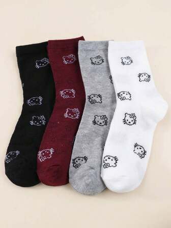  4 Pairs Women's Sanrio Cartoon Hello Kitty Pattern Cute & Sweet Japanese School Style Breathable Mid-Calf Socks Christmas Gift