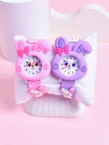2pcs/Set Girls' Cartoon Long Ear Rabbit Soft Silicone Strap Children's Pointer Watch, Student Creative Animal Pattern Quartz Wristwatch