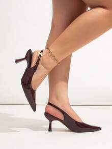 Wide Fit Glossy Brown Stone Texture Metal Buckle Decor Backstrap Stiletto Heel Pumps, Versatile For Daily Wear, Banquet, Party, Fashion Plus Size Women - Brown-red - View 5