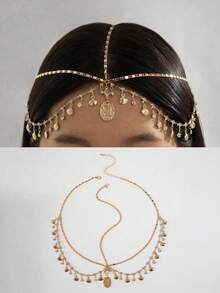 1件女士时尚简约金属链水钻几何圆环项链，镶嵌贝壳多层流苏头饰，几何链贝壳额链，派对礼物（手工制作，链长可定制，水钻数量不定） - 金色 - 查看 1