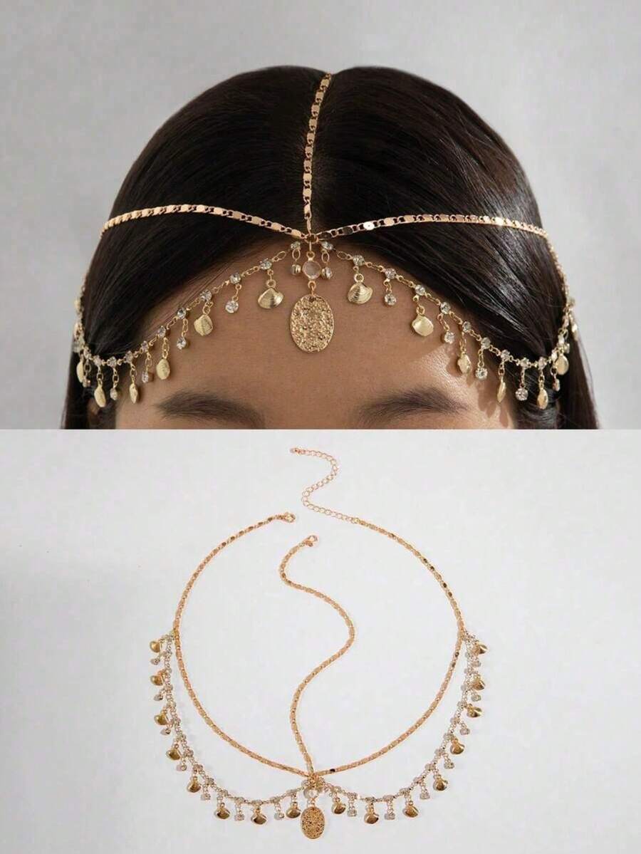 1件女士时尚简约金属链水钻几何圆环项链，镶嵌贝壳多层流苏头饰，几何链贝壳额链，派对礼物（手工制作，链长可定制，水钻数量不定） - 金色 - 查看 1